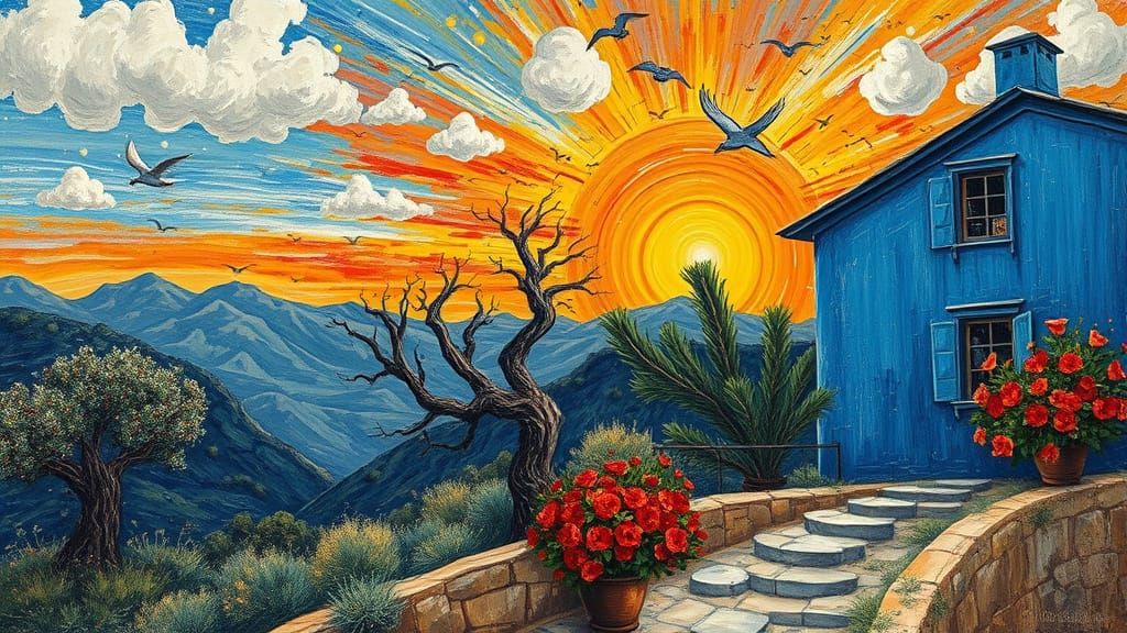 Mediterranean Cottage at Sunset in Impasto Style