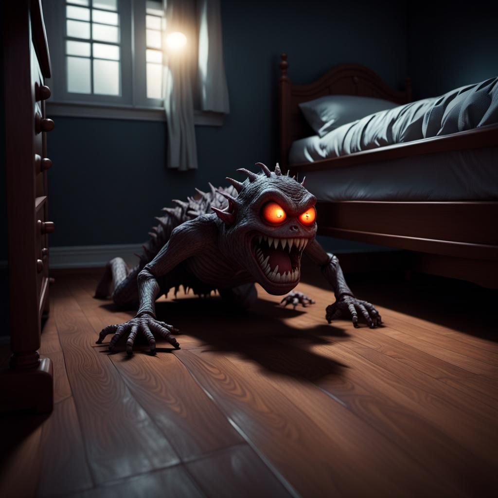 Eerie Top-Down Horror Scene: Monster Under Bed
