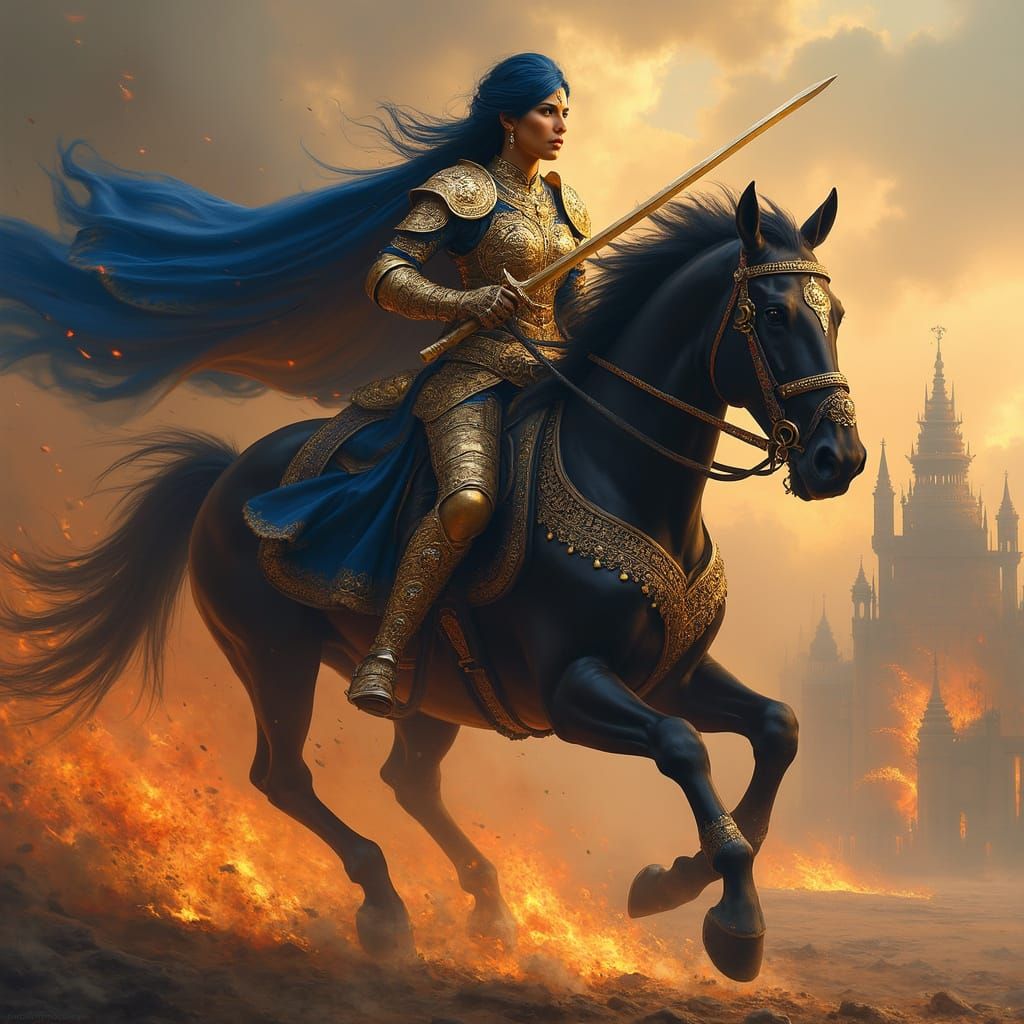 Fantasy Sikh Warrior Queen Charging into Battle in Regal Arm...