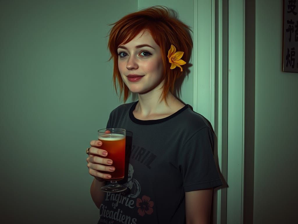 film noir full body tiger lily young 30ish ginger hair freckled cross-eyed sly grin homely but cute woman grunge couture...