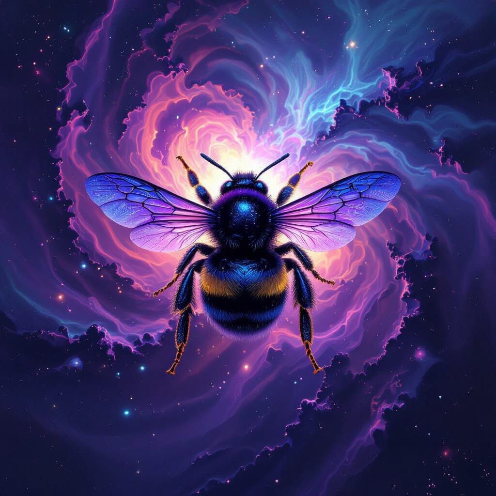 Cosmic Bumblebee in Surreal Nebula Oil Painting