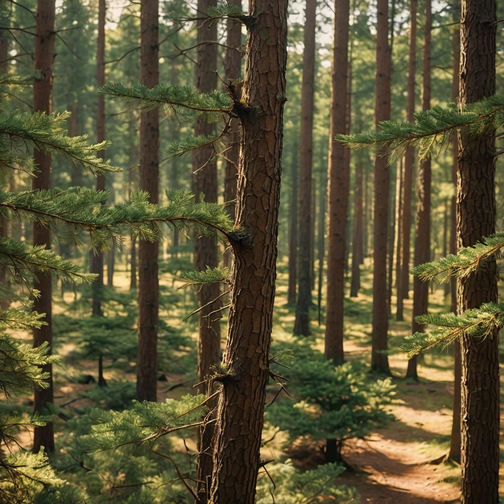 Golden Hour in a Sunny Pine Forest