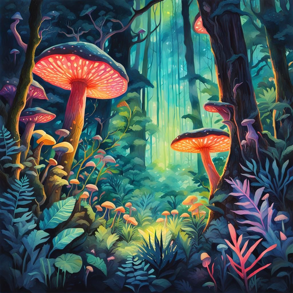 Neon Jungle Watercolor Painting with Glowing Flora