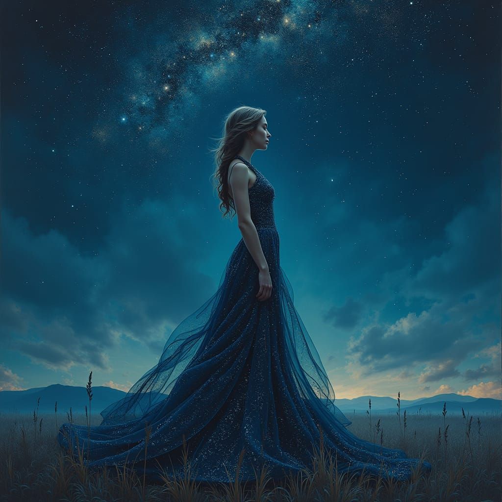 Celestial Woman in Starry Dystopian Landscape