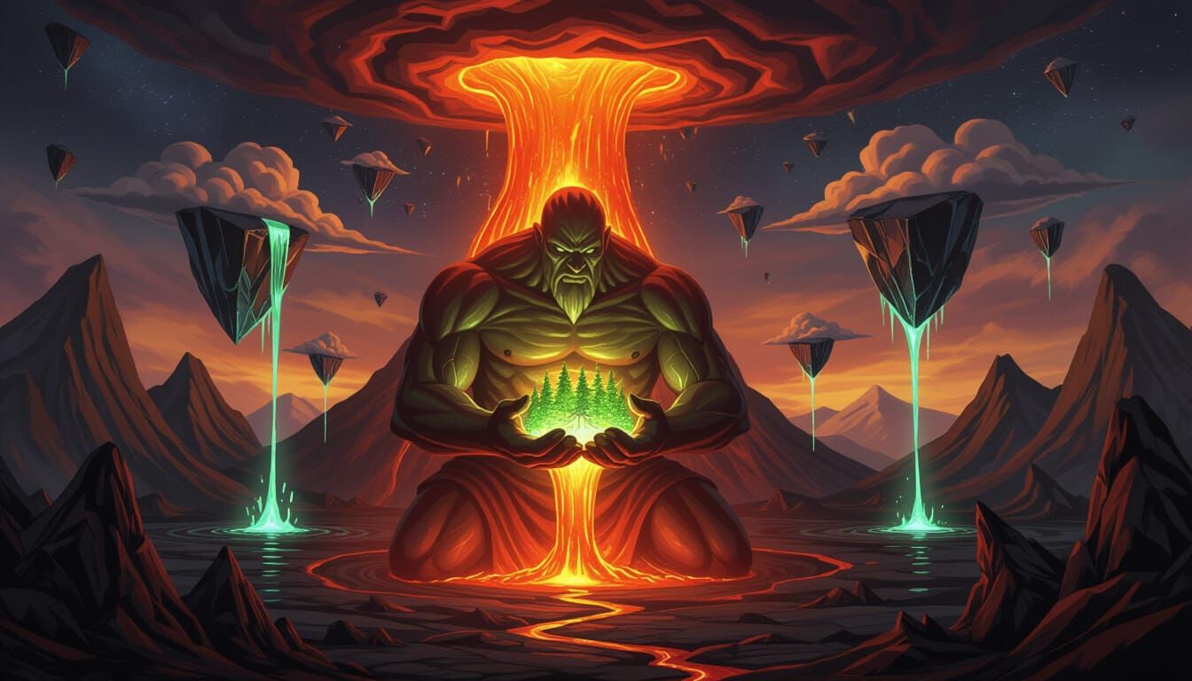 Molten Being Guards Luminous Forest in Volcanic Heart