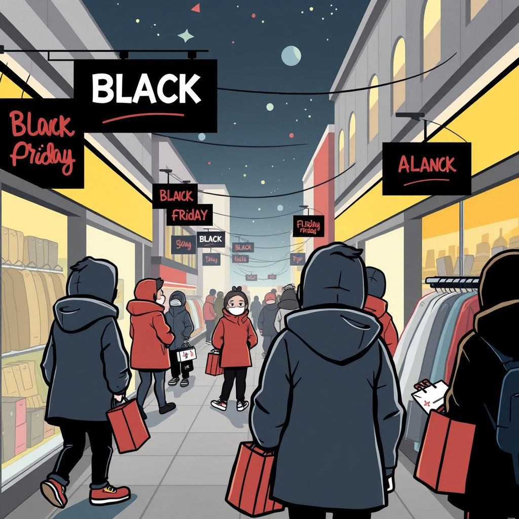 cartoon Black Friday shopping scene