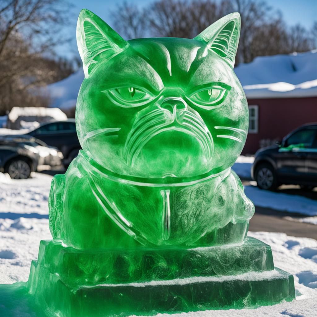 Grumpy Green Cat: An Ice Sculpture Masterpiece