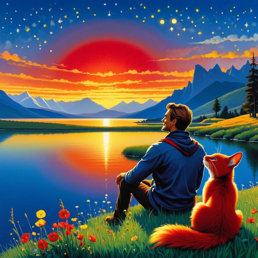 Man and Creature Watching Sunset Landscape