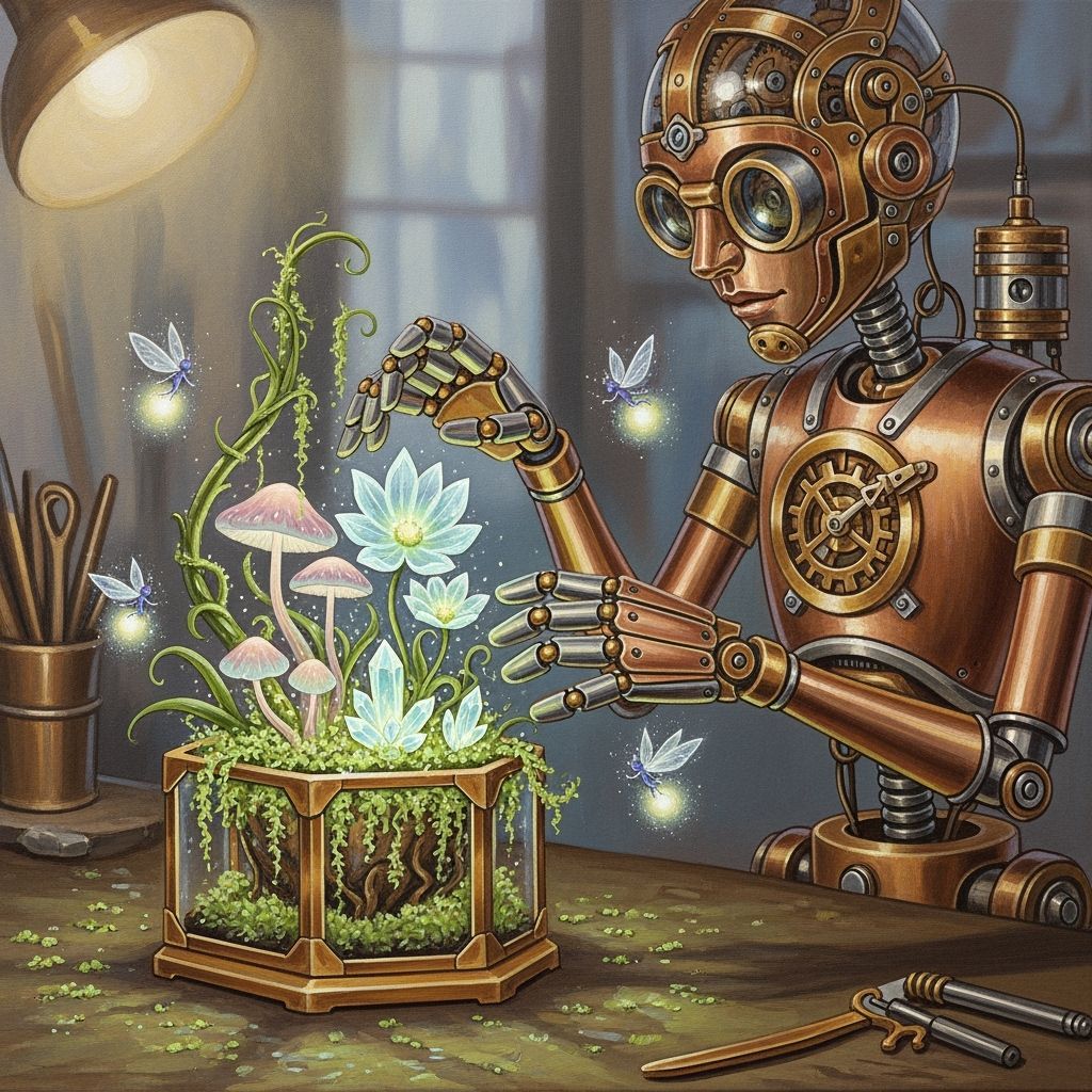 Steampunk Automaton Tends Enchanted Garden in Ethereal Acryl...