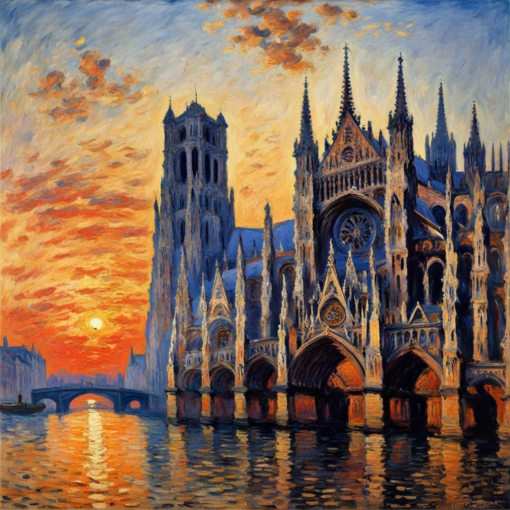 Rouen Cathedral Sunset in Impressionist Style