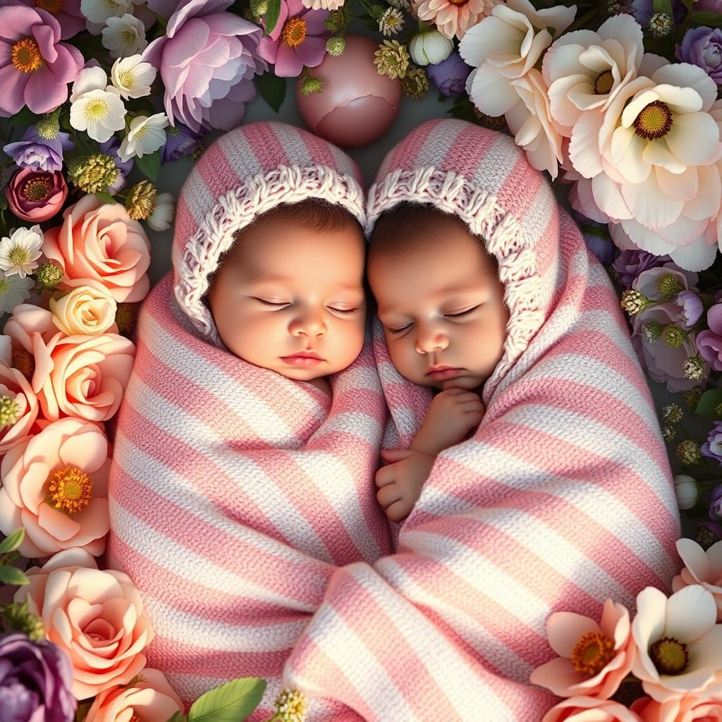 Dreamy Twin Sisters in Whimsical Floral Paradise