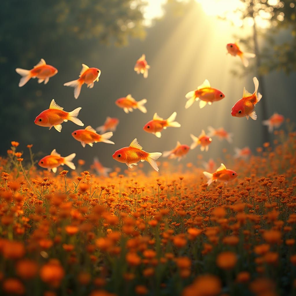 Glowing Goldfish Swarm Above Rapeseed Field: Matte Painting