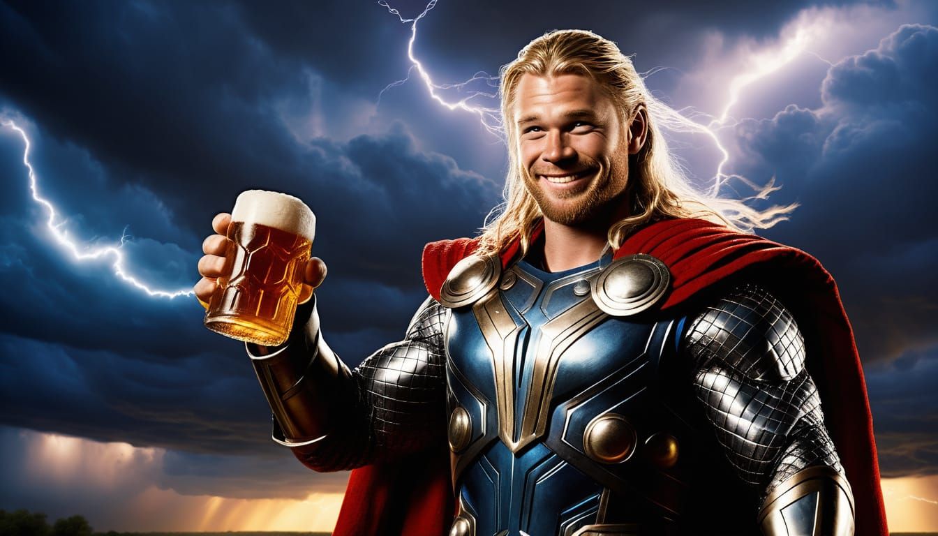 Happy Thor Proposing a Toast in a Dramatic Stormy Sky