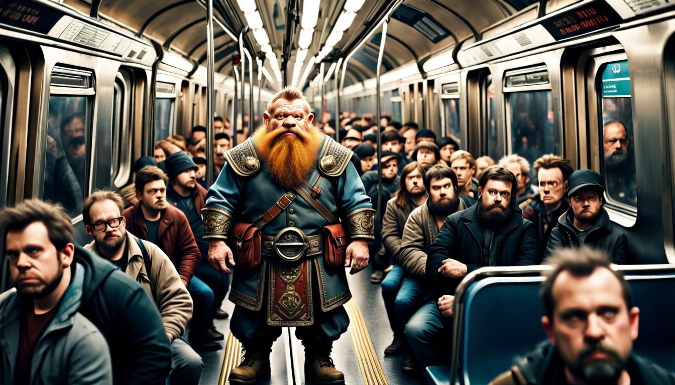 Dwarf Rides Subway in Sea of Tall People