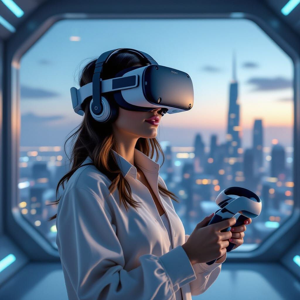 Woman in VR Headset in Futuristic Cityscape
