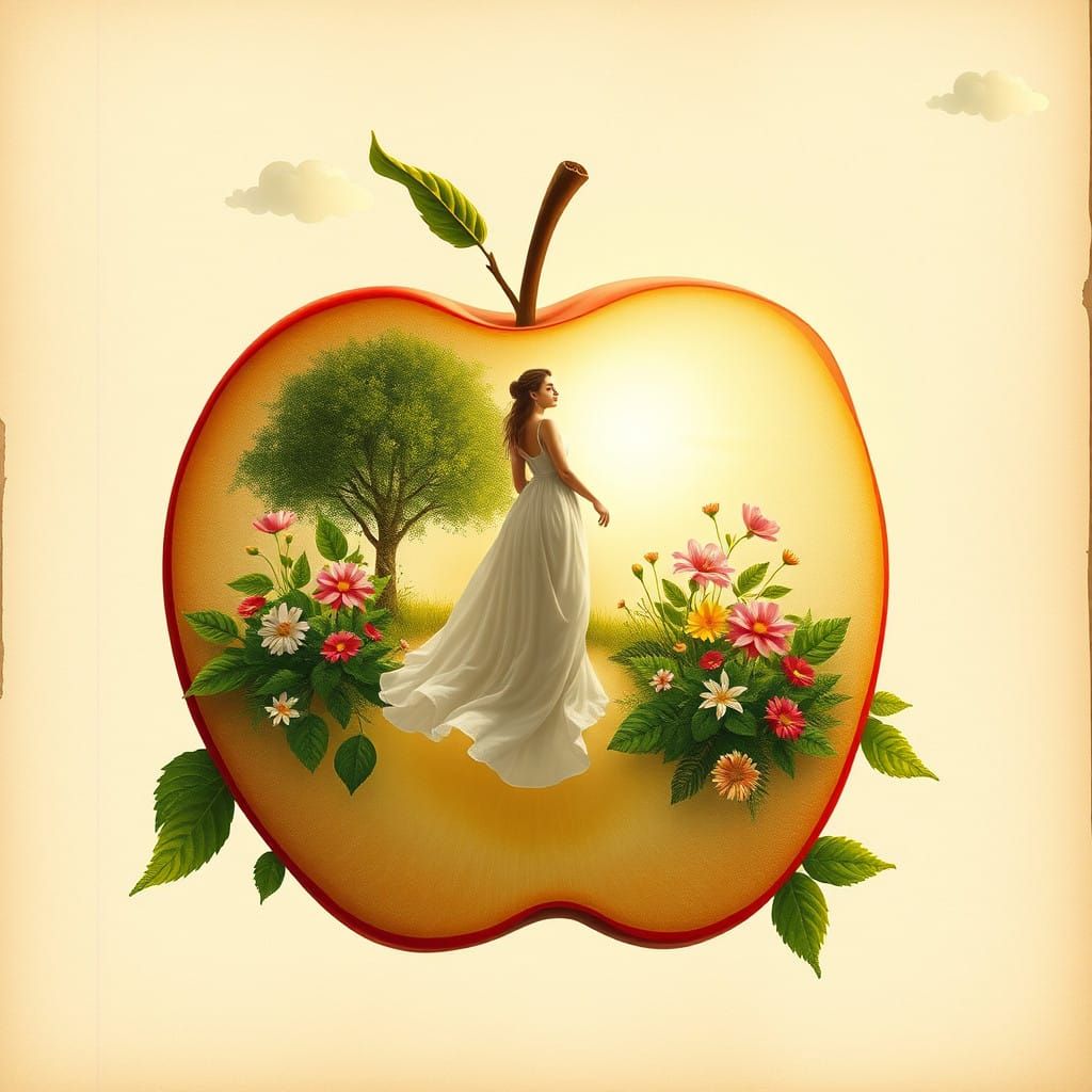 Whimsical Island Oasis in a Golden Apple, Inspired by Renais...