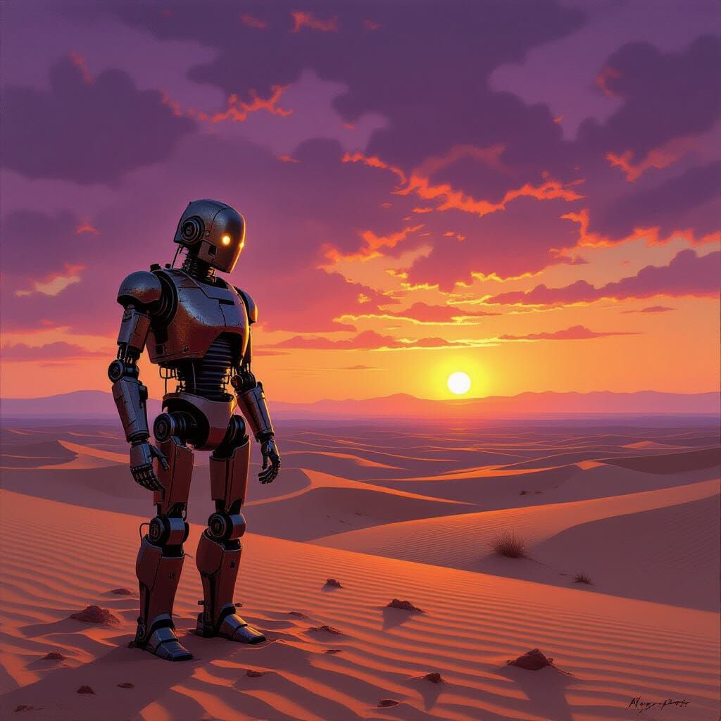 A solitary, weathered and rustyrobot stands on a desolate de...