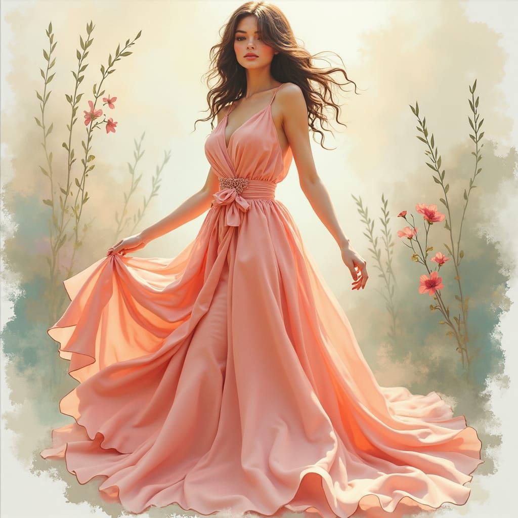 Elegant Woman in Flowing Silk: Dreamy Watercolor
