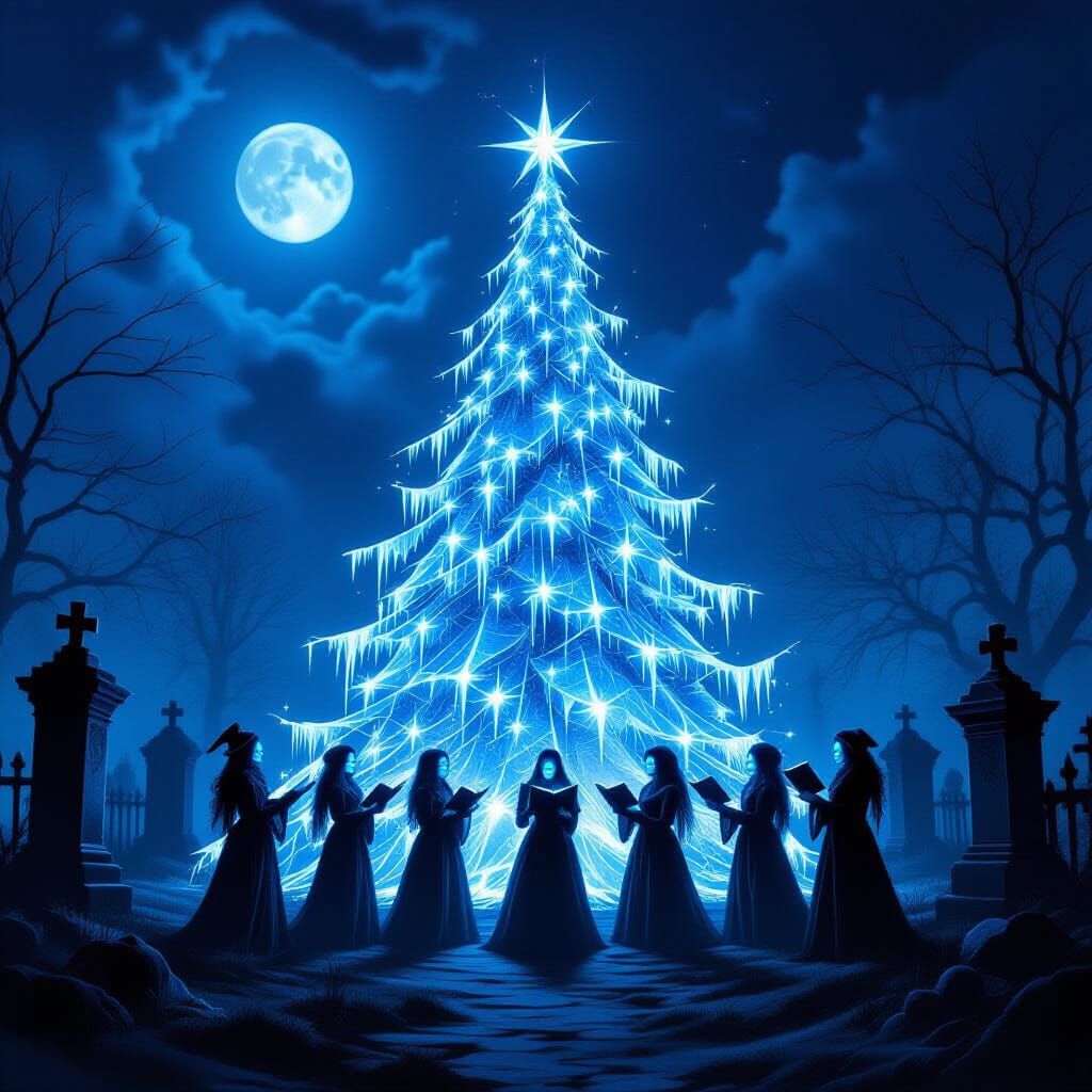 Undead Carolers Before Spectral Christmas Tree in Moonlit Gr...