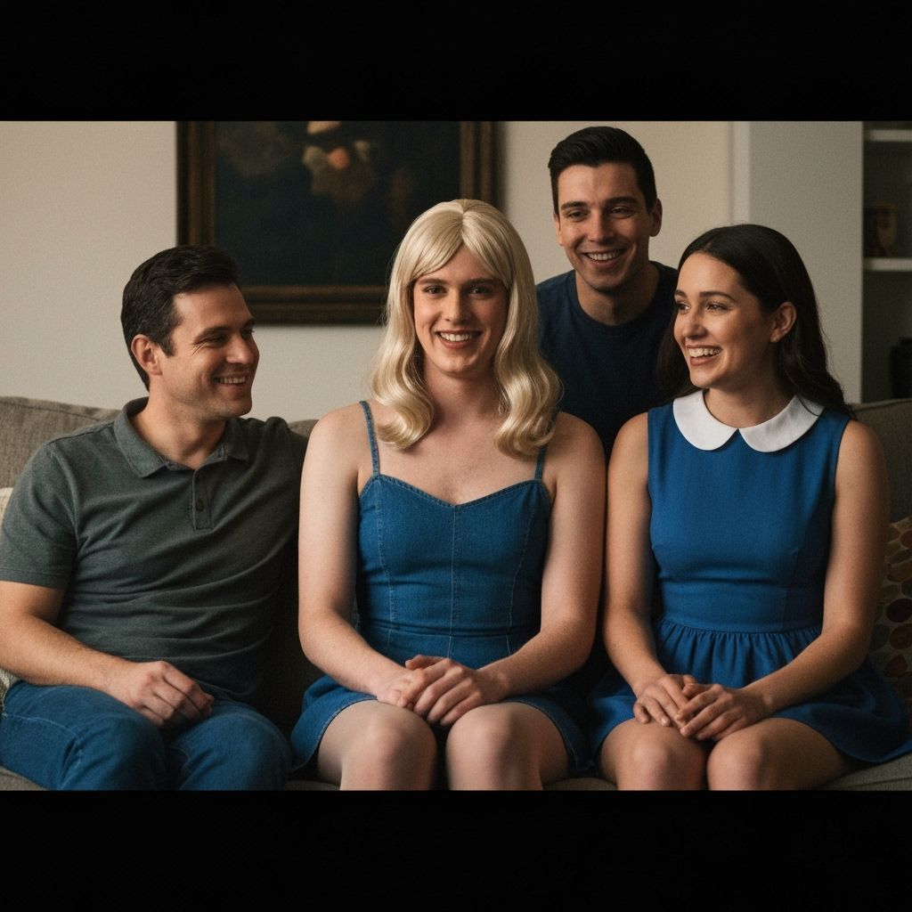 Embarrassed Young Man Crossdressing in 1960s Style