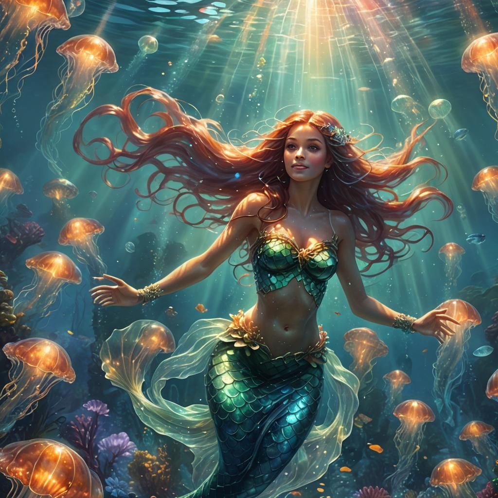 Mermaid in Glowing Underwater Fantasy Landscape