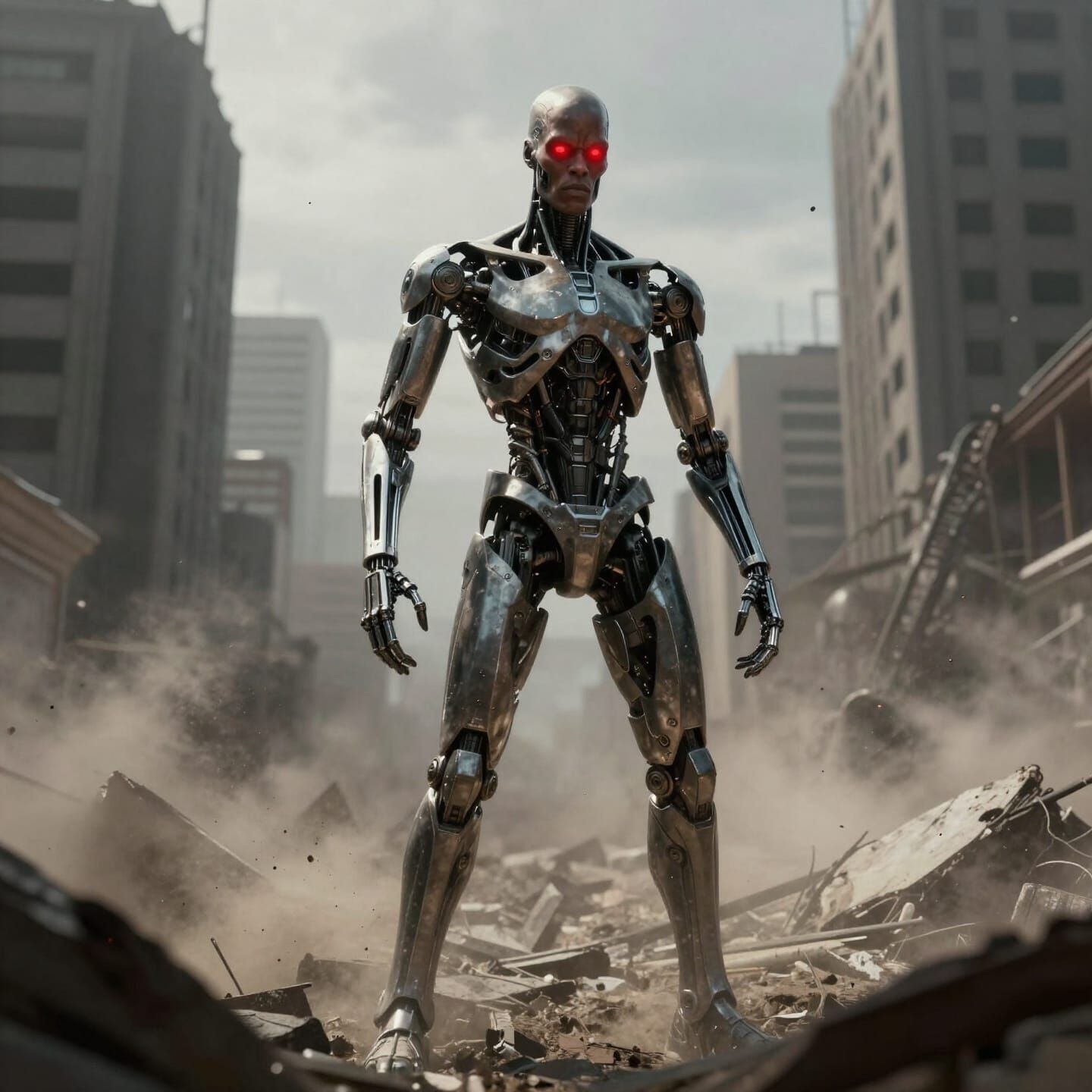 African American Terminator in War-Torn Cityscape