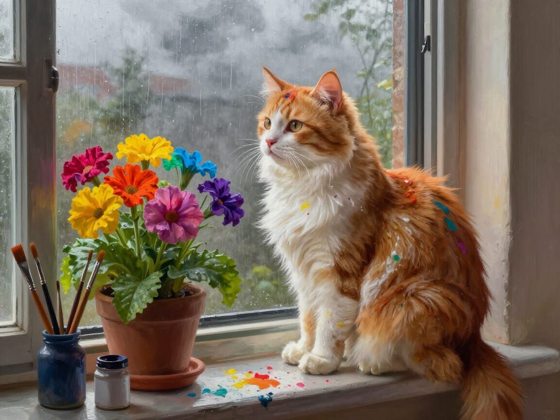 Fluffy Cat Artist with Rainbow Flowers on Rainy Day