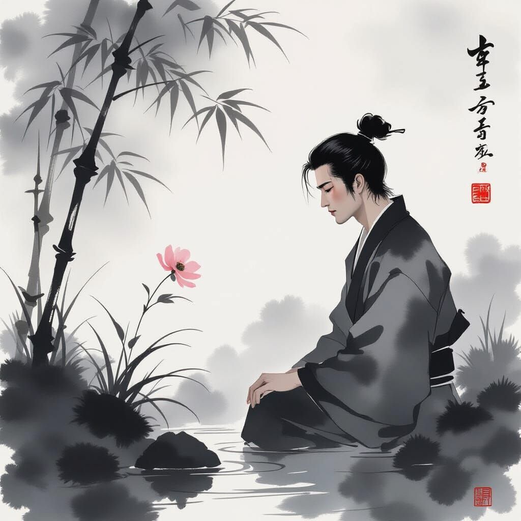 Sumi-e Painting of Man in Japanese Garden
