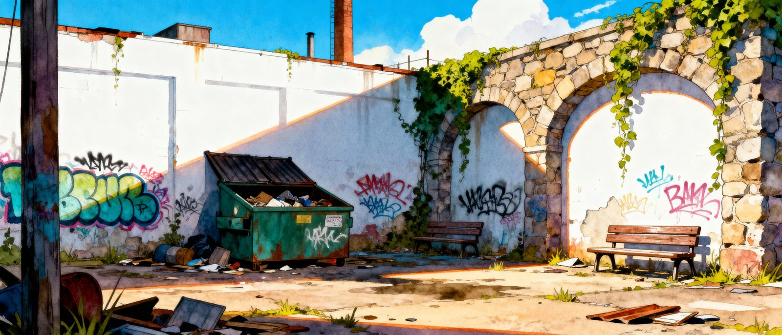 Abandoned Factory in Comic Book Watercolor Style