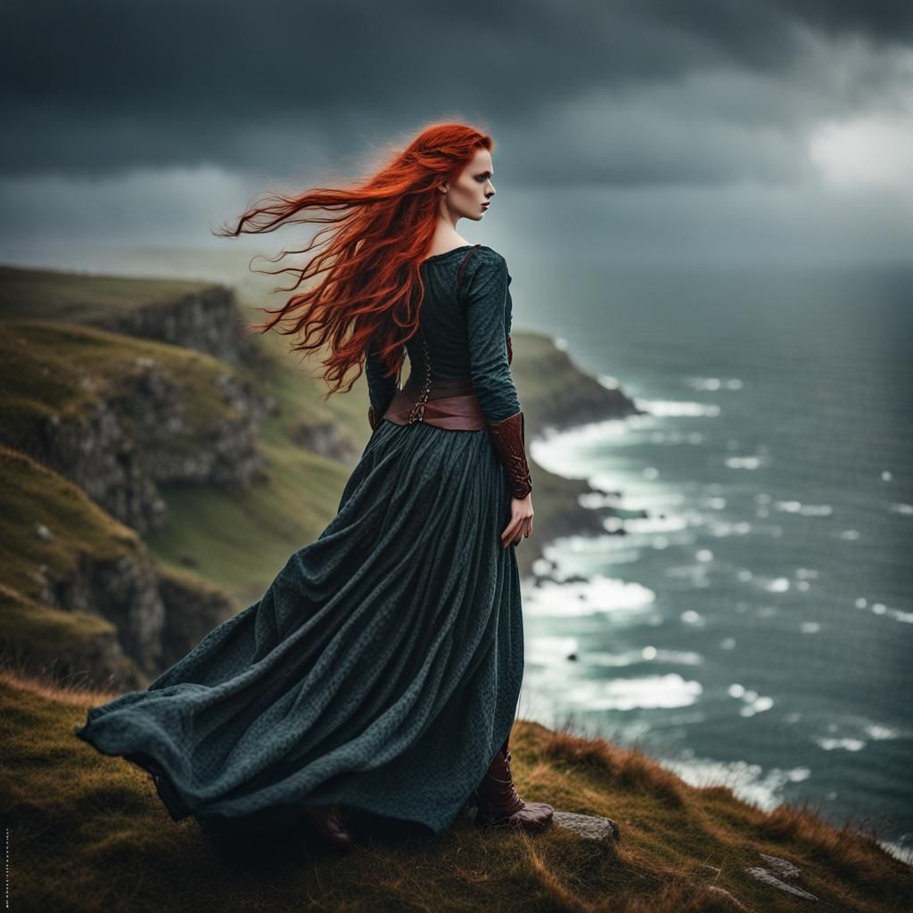 Beautiful Woman on Cliff in Stormy Weather