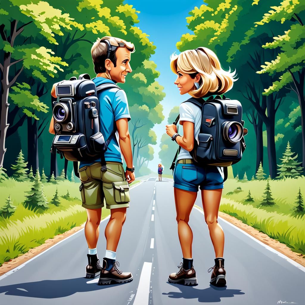 Figurines of Traveling Couple in Colorful Graffiti Art