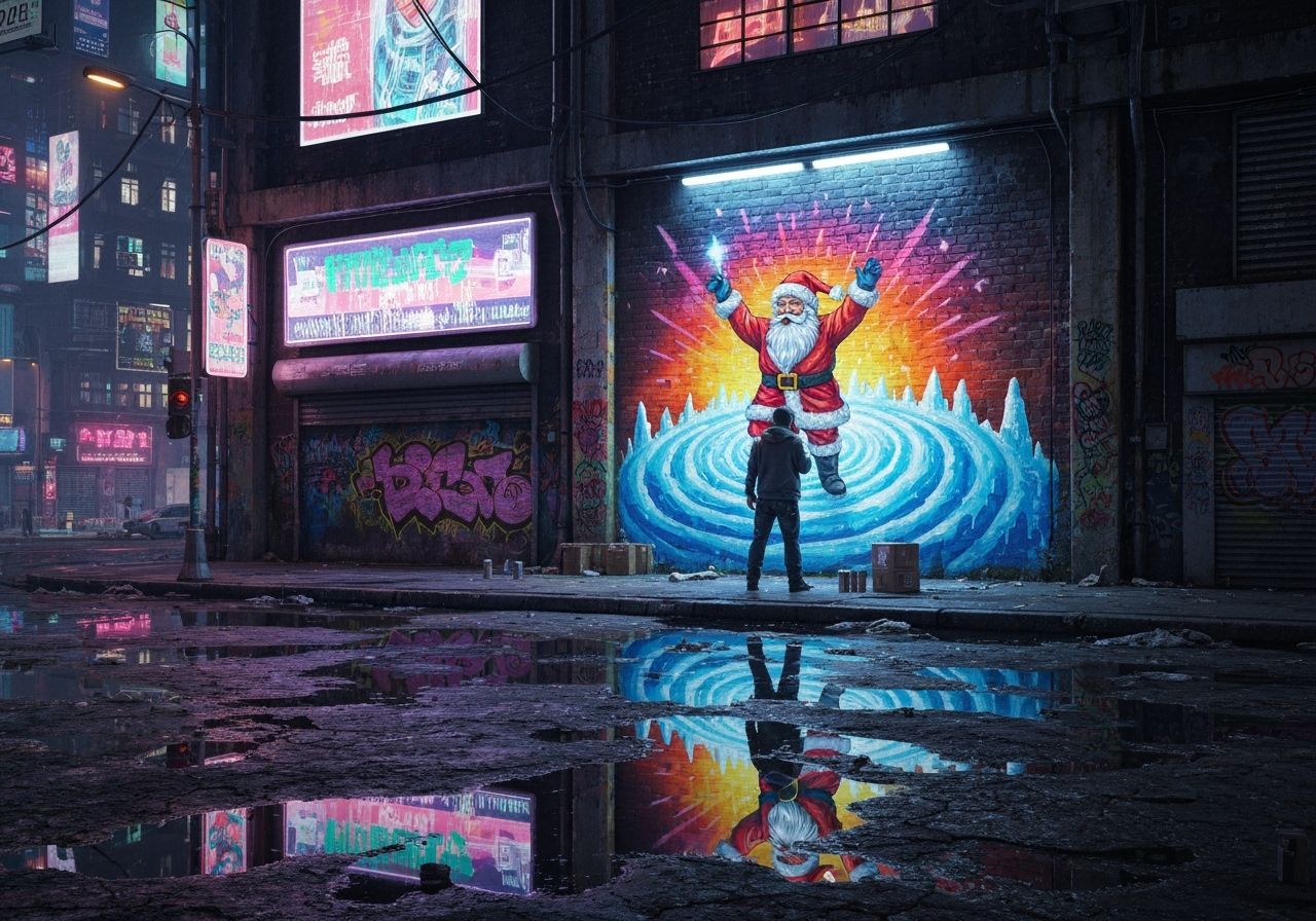 A street artist is spray-painting a vibrant mural of a mythi...