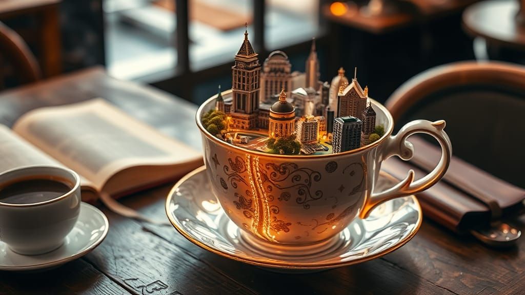 Whimsical Cityscape in a Glowing Teacup