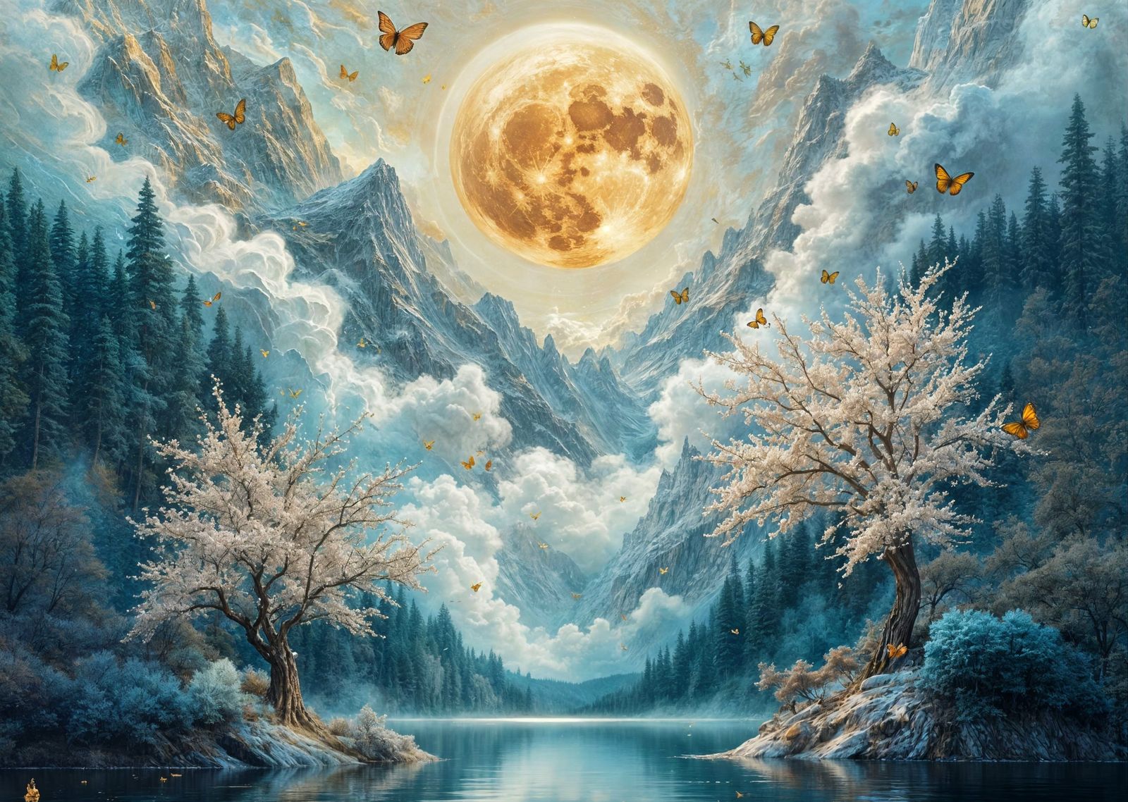 Ethereal White Almond Blossoms Under a Pearly Moon