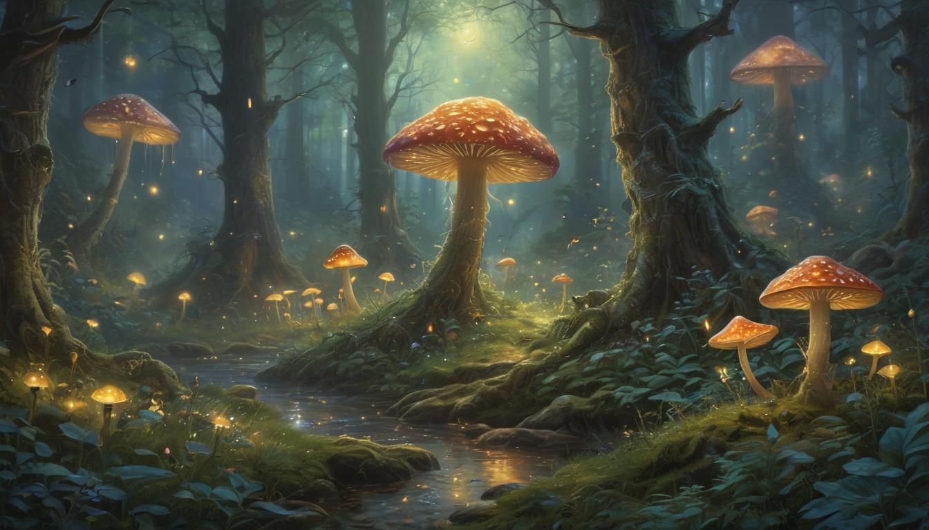 Mystical Creature in Luminous Forest: Dreamy Oil Painting