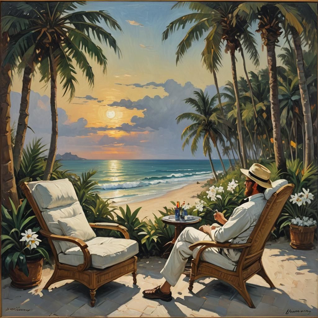Tropical Beach Sunset Oil Painting, Wide Angle View