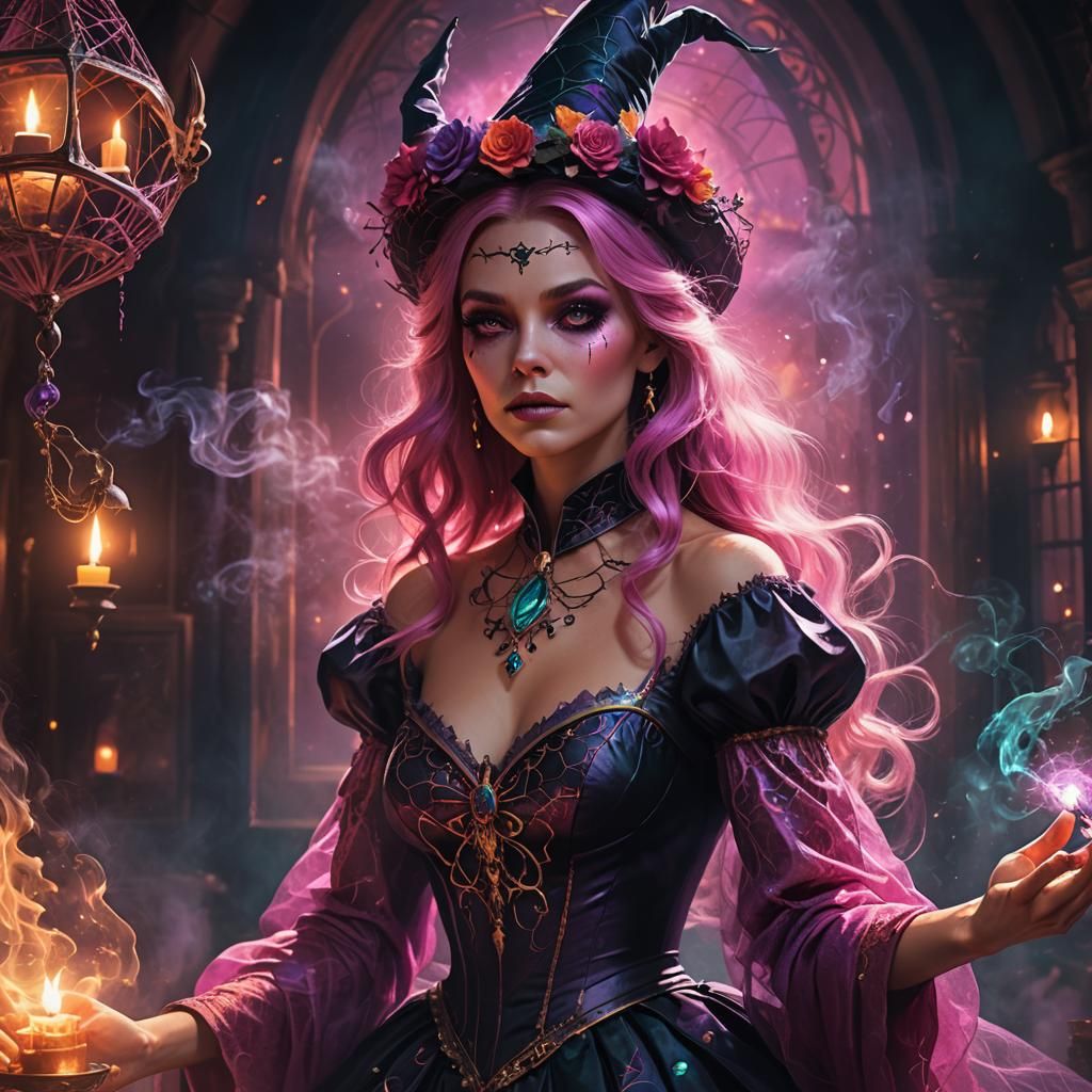 Pink Coquette Halloween Witch in Mystical Chamber
