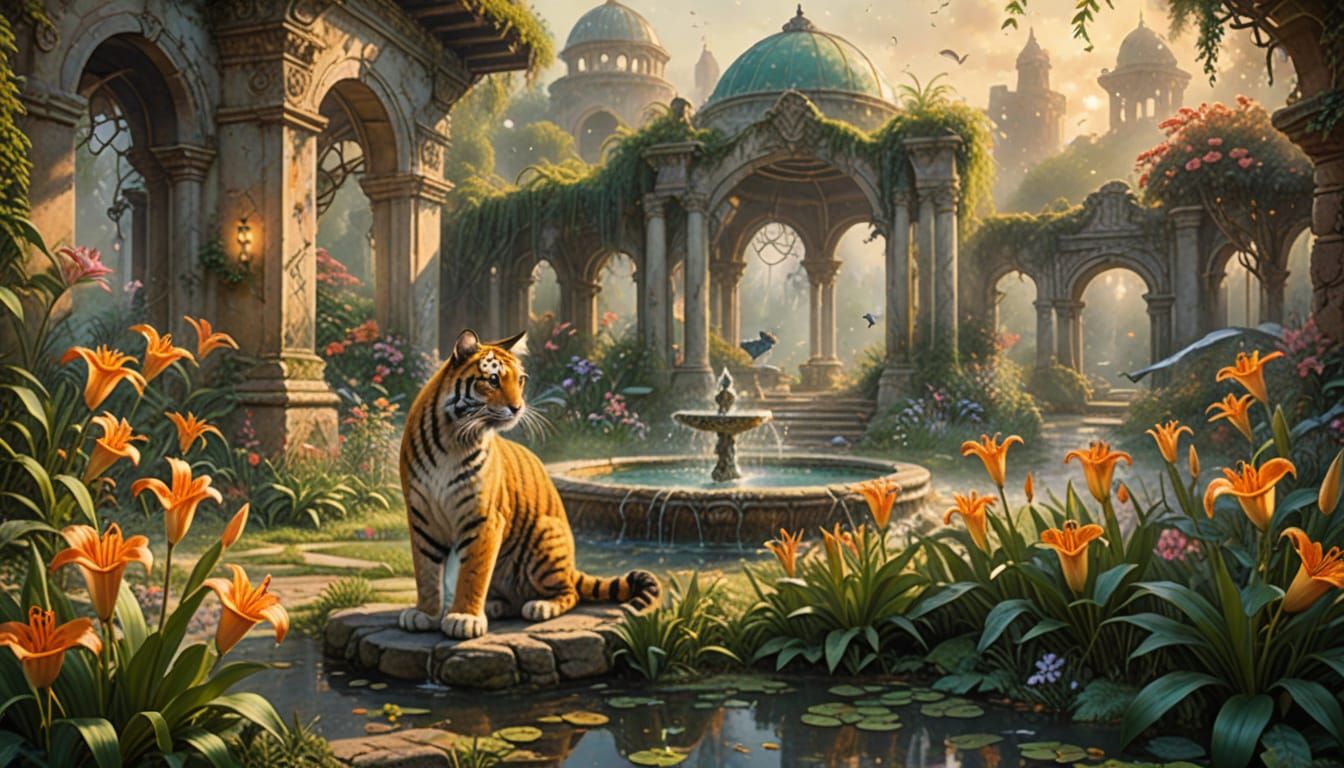 Ethereal Tiger Stalking Birds in Ruined Garden