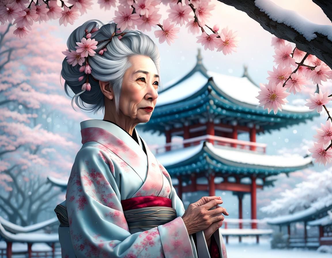 Ethereal Geisha in Winter Landscape with Sakura