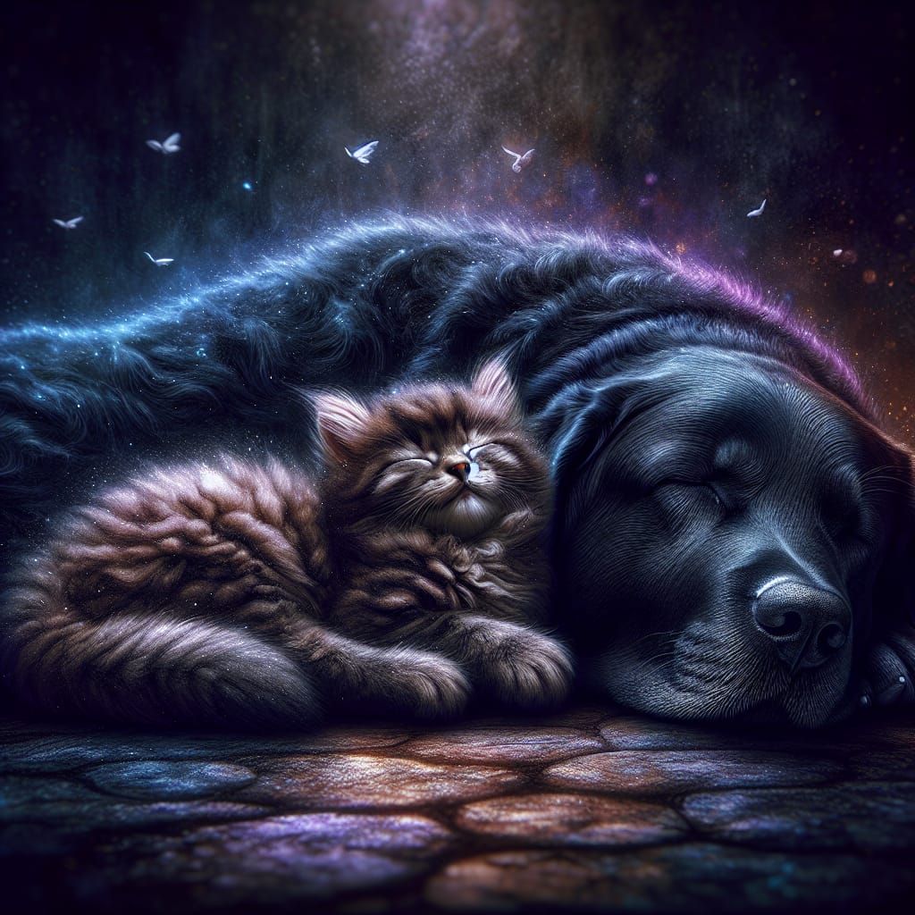 Sleepy Kitten and Labrador in Dreamy 8K Detail