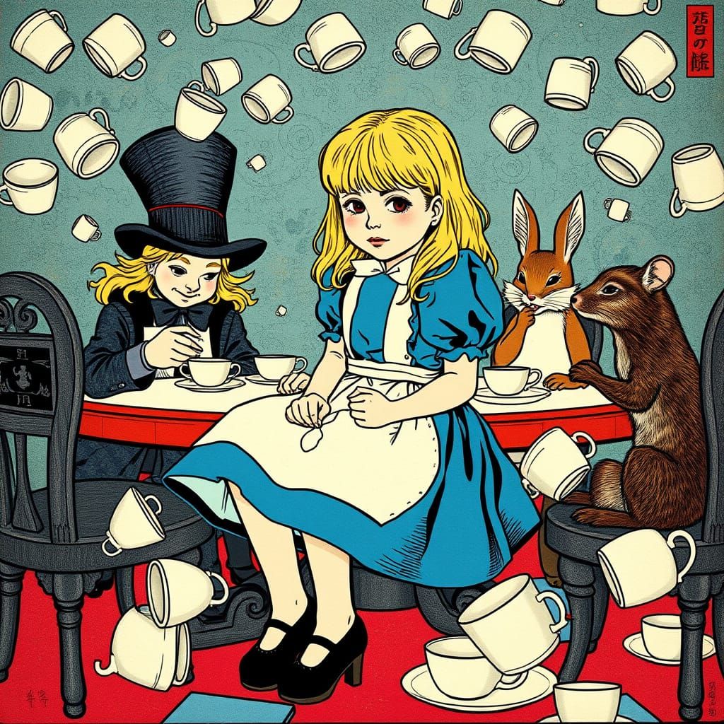 Alice's Tea Party in Hokusai Ukiyo-e Style