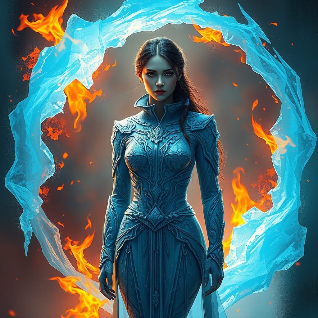 Woman in Fiery Ice Clash, Fantasy Realism Style