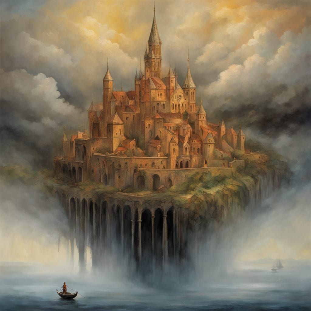 Mystical Cityscape with Golden-Hued Figure