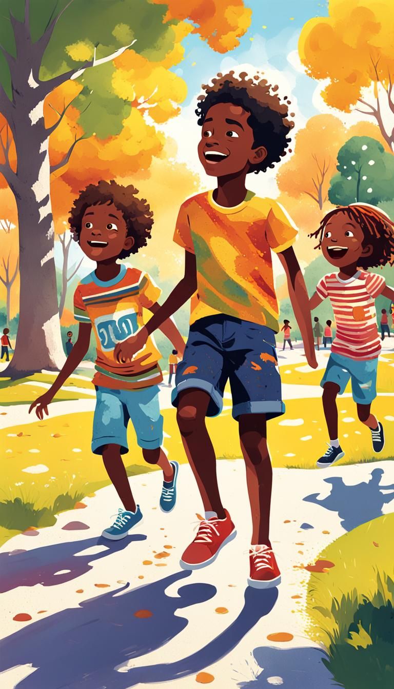 Happy Black Children Playing in Sunny Park Illustration