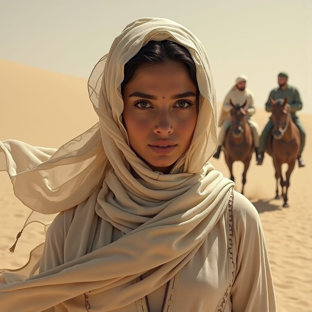 Arabian Princess Portrait in Windswept Desert Landscape