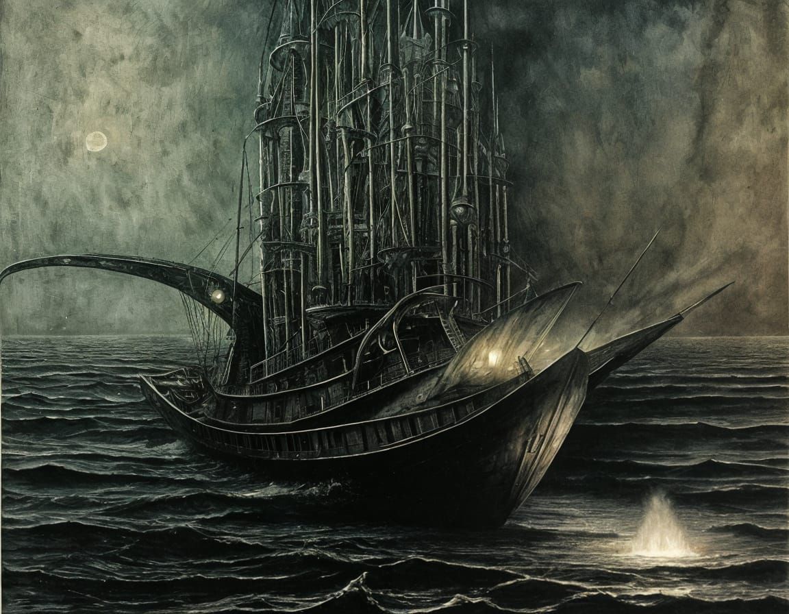 Surreal Ghost Ship at Night in Dark Style