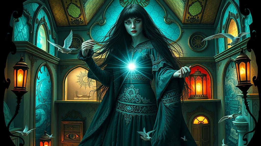 Ethereal Sorceress in Baroque Dollhouse Setting