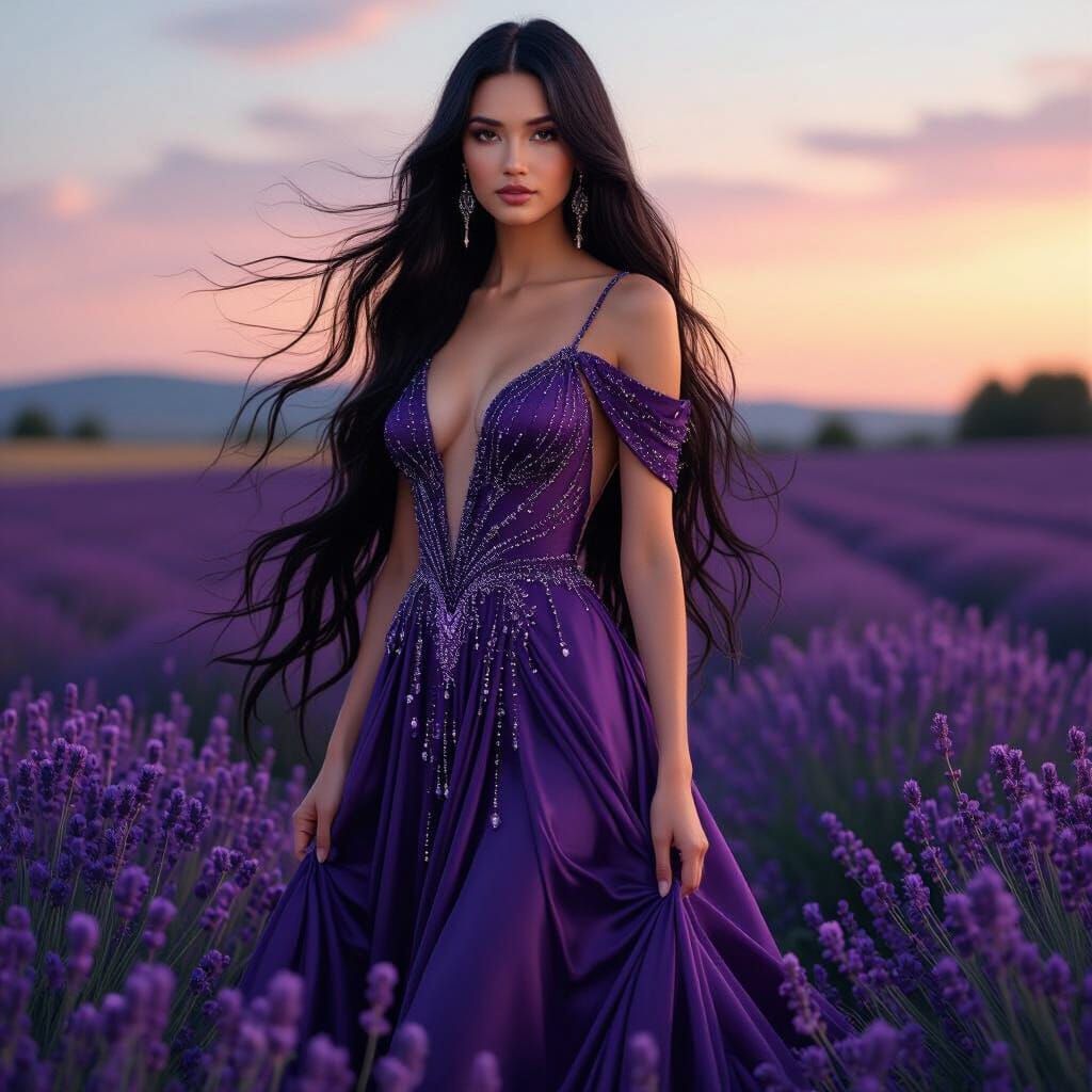 Woman in Lavender Field, Art Nouveau Style