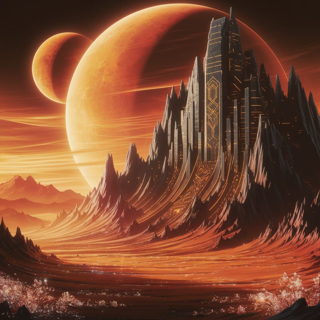 Alien Citadel Carved into Mountains Under Twin Moons
