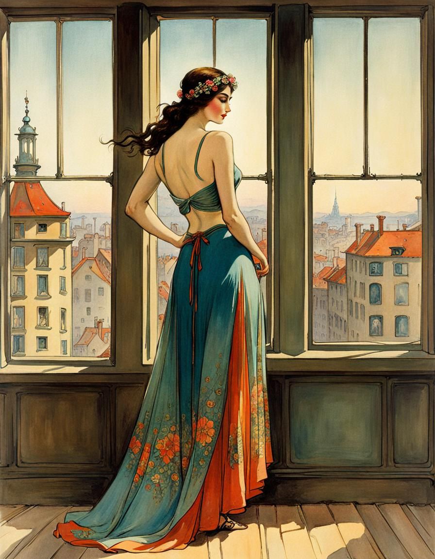 Woman in Loft, Fairy-Tale Illustration